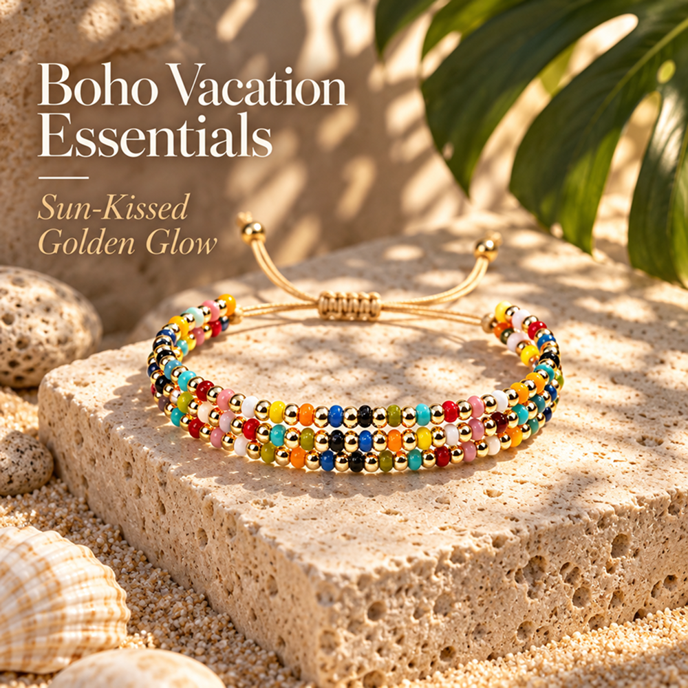 three-strand beaded bracelet for women, glossy multicolor beads with gold-tone round beads, adjustable sliding knot cord closure, boho vintage style layered design with dangling cord ends, colorful jewelry for everyday wear, vacations and birthday gi