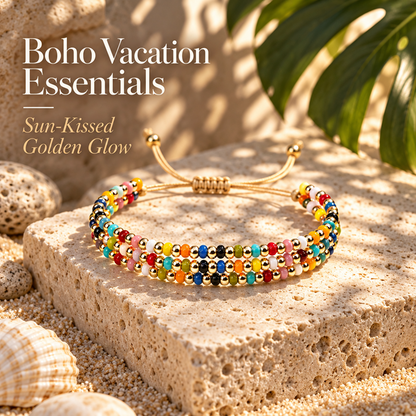 Three-Strand Beaded Bracelet for Women, Glossy Multicolor Beads with Gold-Tone Round Beads, Adjustable Sliding Knot Cord Closure, Boho Vintage Style Layered Design with Dangling Cord Ends, Colorful Jewelry for Everyday Wear, Vacations and Birthday Gi