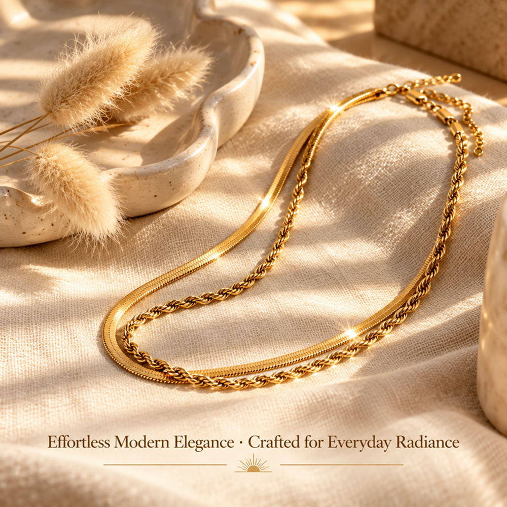 gold-tone brass snake and rope chain necklace set with adjustable extenders, 2 pieces