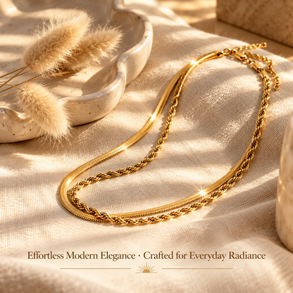 Gold-Tone Brass Snake and Rope Chain Necklace Set with Adjustable Extenders, 2 Pieces
