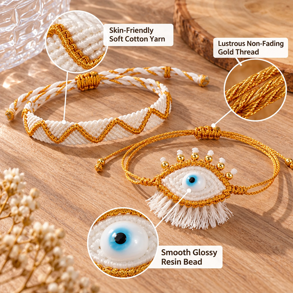 white and gold-tone evil eye bracelet set with tassel detail and adjustable sliding knots, 2 pieces