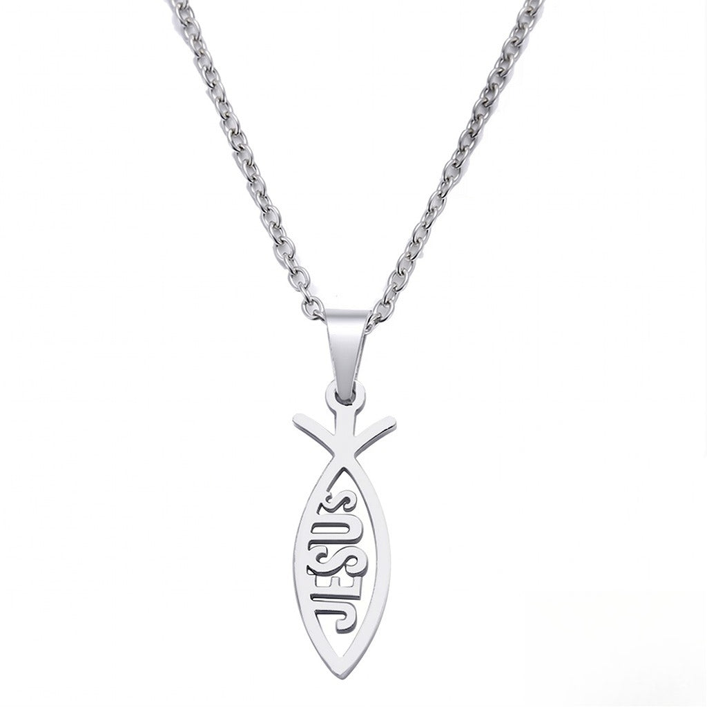 stainless steel jesus fish pendant necklace for women men ichthys christian necklace religious faith jewelry gift titanium steel holy symbol o-chain choker comfort fit silver tone
