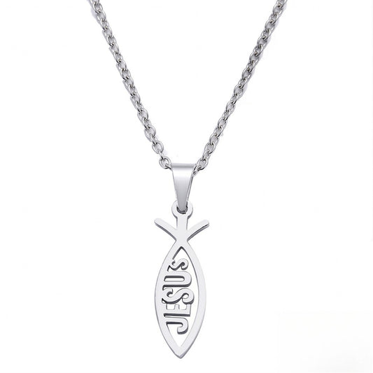 Stainless Steel Jesus Fish Pendant Necklace for Women Men Ichthys Christian Necklace Religious Faith Jewelry Gift Titanium Steel Holy Symbol O-Chain Choker Comfort Fit Silver Tone