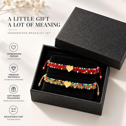 Handwoven Beaded Heart Bracelet for Women, Multicolor Beads and Gold-Tone Heart Centerpiece, Adjustable Sliding Knot Cord Closure, Sweet Boho Style with Decorative Beaded Edges and Dangling Cord Ends, Everyday Jewelry for Birthdays and Friendship Gif
