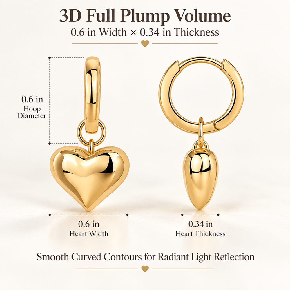 women's gold-tone brass heart drop hoop earrings with puffed heart charms