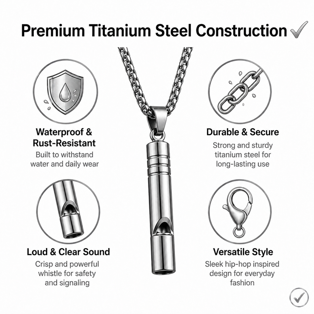 titanium steel functional whistle pendant necklace for men women unisex silver color cylindrical creative whistle streetwear hip hop high street heavy duty long box chain necklaces