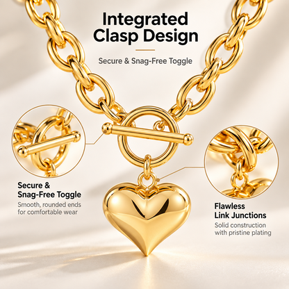 Women's Gold-Plated Brass Puffed Heart Pendant Necklace with Chunky Chain and Toggle Clasp