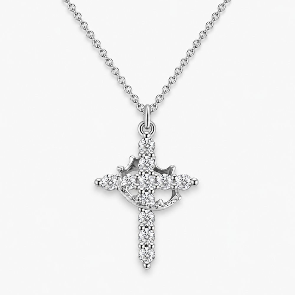 women's silver-tone brass crown cross pendant necklace with cubic zirconia