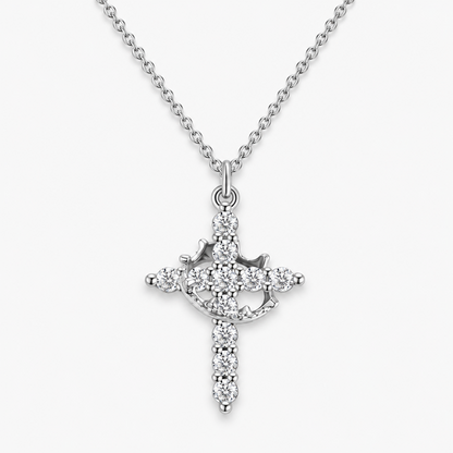 Women's Silver-Tone Brass Crown Cross Pendant Necklace with Cubic Zirconia