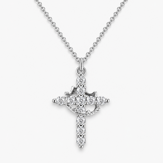 Women's Silver-Tone Brass Crown Cross Pendant Necklace with Cubic Zirconia