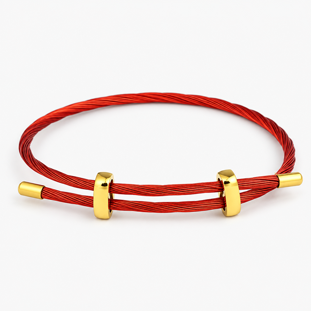 adjustable red multi-strand steel cable bracelet for men and women, minimalist wire rope wristband with gold-color slider clasps, 9.5 inch maximum length, lightweight modern layering accessory for everyday wear, casual gift for him or her