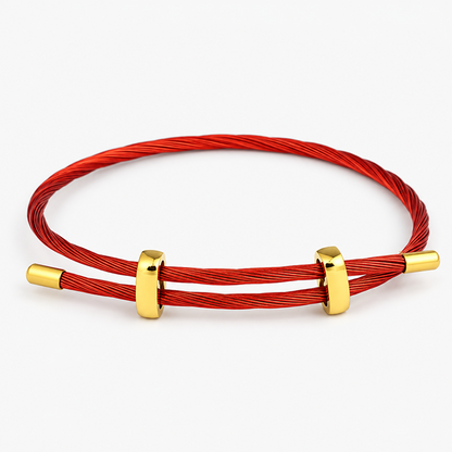 Adjustable Red Multi-Strand Steel Cable Bracelet for Men and Women, Minimalist Wire Rope Wristband with Gold-Color Slider Clasps, 9.5 Inch Maximum Length, Lightweight Modern Layering Accessory for Everyday Wear, Casual Gift for Him or Her