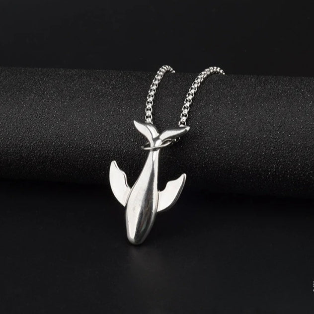 titanium steel whale fall pendant necklace for men unisex vintage silver humpback whale tail charm long box chain sweater necklace hip hop streetwear minimalist ocean jewelry aesthetic gift 27.5 inches