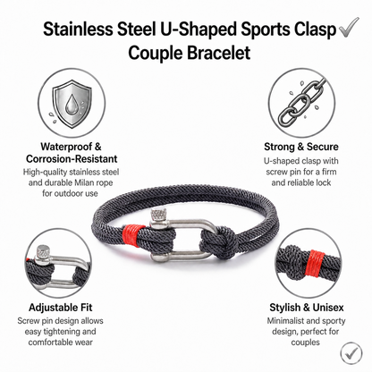 Stainless Steel Shackle Rope Bracelet for Men, U-Shaped Screw Clasp, Gray Red Unisex Outdoor Couple Wristband
