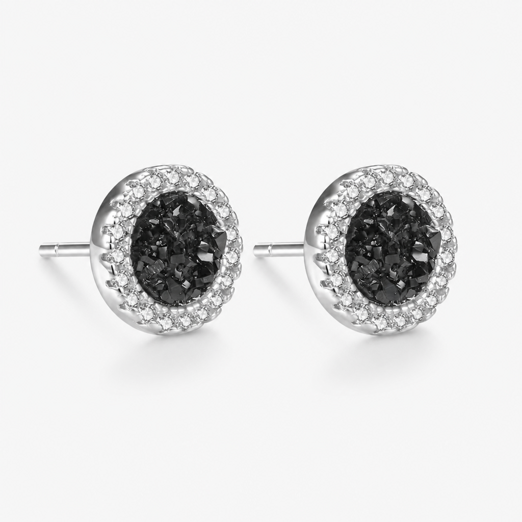 men's black druzy stud earrings titanium steel non tarnish fake gauge bling crystal halo round earrings punk gothic hip hop ear studs streetwear jewelry accessories gift for men boyfriend silver color