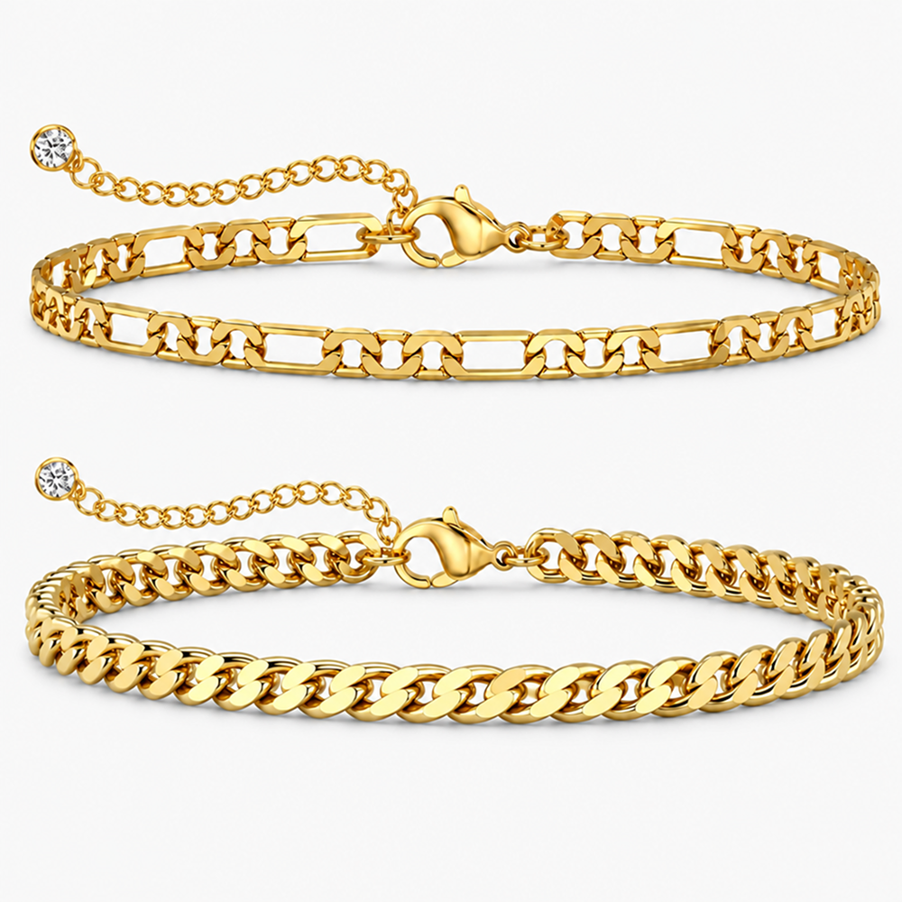 gold-tone stainless steel anklet set, cuban and figaro chains with adjustable extenders, 2 pieces