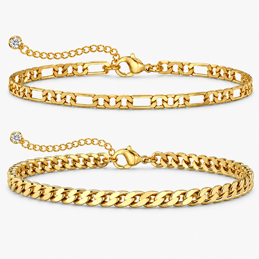Gold-Tone Stainless Steel Anklet Set, Cuban and Figaro Chains with Adjustable Extenders, 2 Pieces