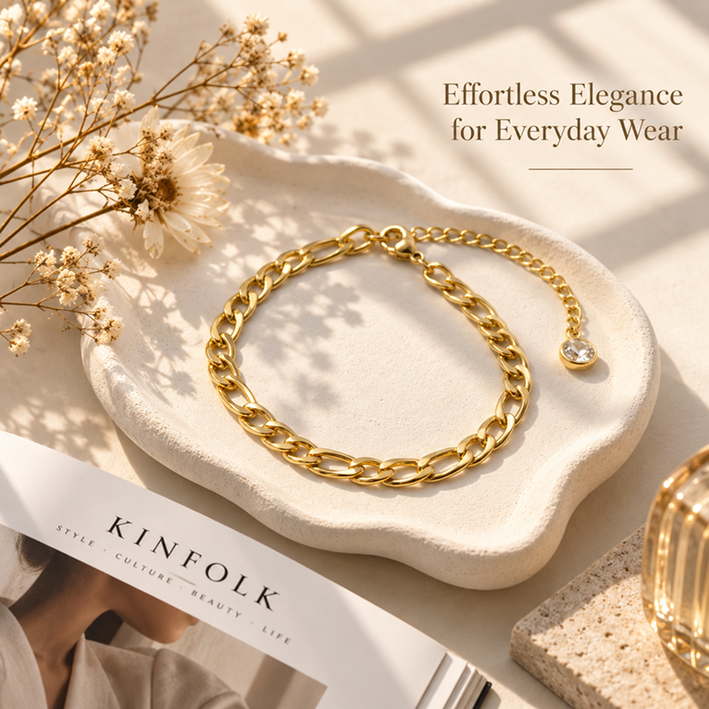 gold-tone brass figaro chain bracelet with adjustable extender