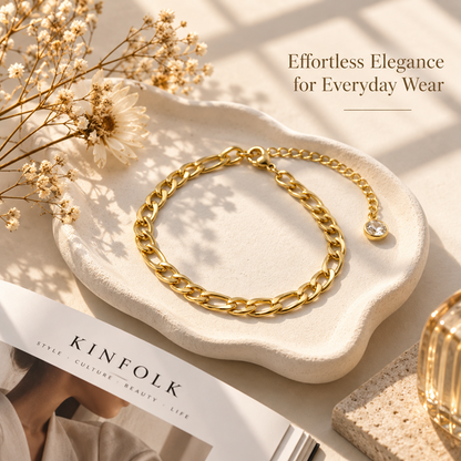 Gold-Tone Brass Figaro Chain Bracelet with Adjustable Extender