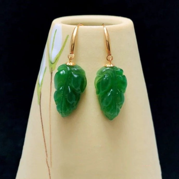 jade earrings - spinach green leaf design