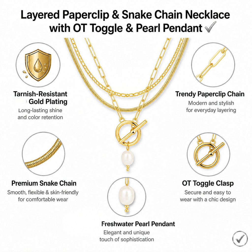 gold-tone layered necklace for women, multi strand figaro snake chain paperclip choker with ot toggle pearl pendant, trendy aesthetic dainty chunky stacking jewelry gift
