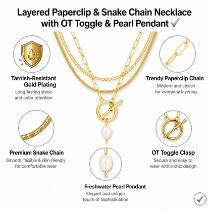 Gold-Tone Layered Necklace for Women, Multi Strand Figaro Snake Chain Paperclip Choker with OT Toggle Pearl Pendant, Trendy Aesthetic Dainty Chunky Stacking Jewelry Gift
