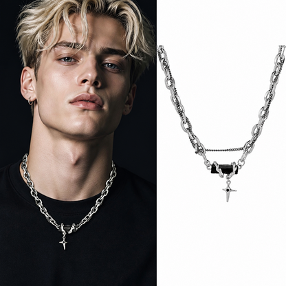Men's Starburst Pendant Necklace Titanium Steel Cuban Link Chain Layered Hip Hop Choker Black Gem Cross Accent Streetwear Jewelry Gift for Men Male Accessories