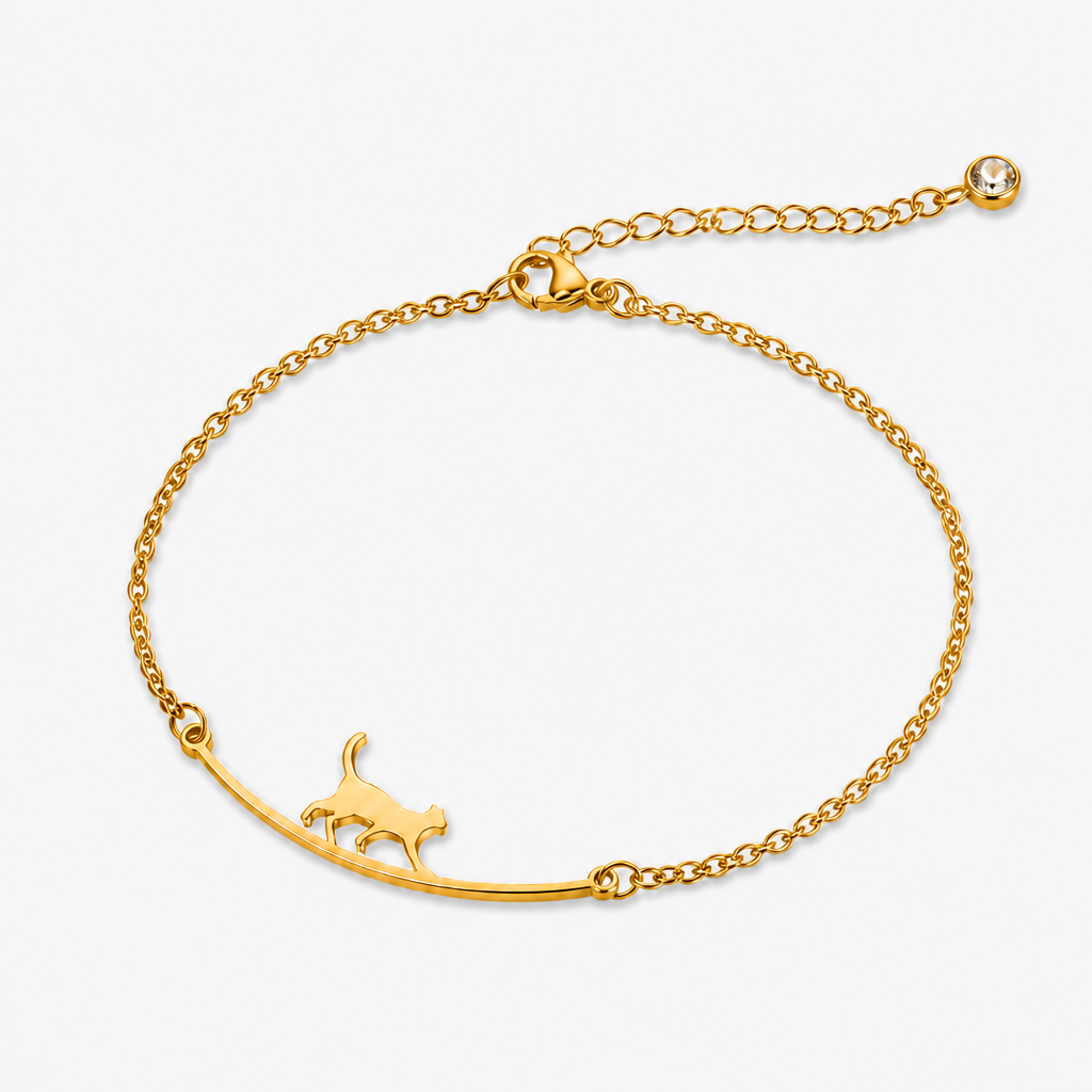 gold-tone walking cat anklet for women, electroplated brass adjustable ankle bracelet with clear accent stone, dainty summer foot jewelry