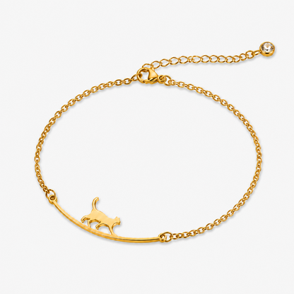Gold-Tone Walking Cat Anklet for Women, Electroplated Brass Adjustable Ankle Bracelet with Clear Accent Stone, Dainty Summer Foot Jewelry