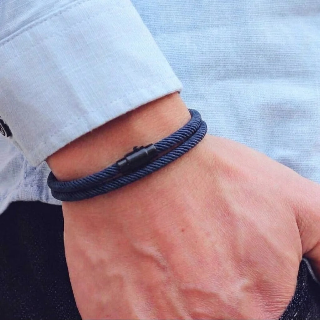 men's double wrap bracelet navy blue milan rope cord wristband matte black alloy magnetic clasp unisex minimalist surf beach nautical jewelry layering cuff