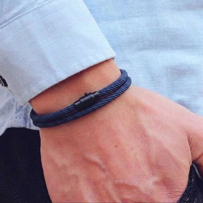 Men's Double Wrap Bracelet Navy Blue Milan Rope Cord Wristband Matte Black Alloy Magnetic Clasp Unisex Minimalist Surf Beach Nautical Jewelry Layering Cuff