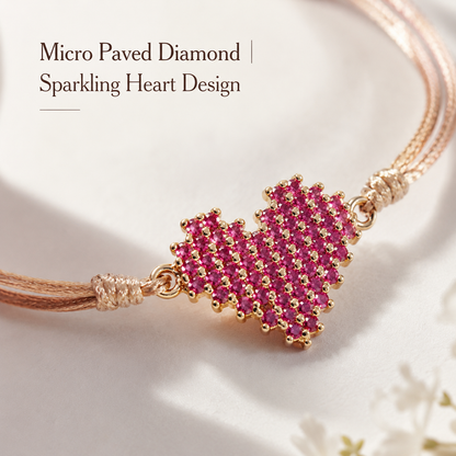 French Style Adjustable String Bracelet for Women Delicate Micro Pavé Cubic Zirconia Pink Heart Charm Bracelet Minimalist Braided Rope Cord Daily Dainty Love Jewelry Valentine Gift