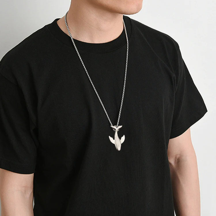 titanium steel whale fall pendant necklace for men unisex vintage silver humpback whale tail charm long box chain sweater necklace hip hop streetwear minimalist ocean jewelry aesthetic gift 27.5 inches