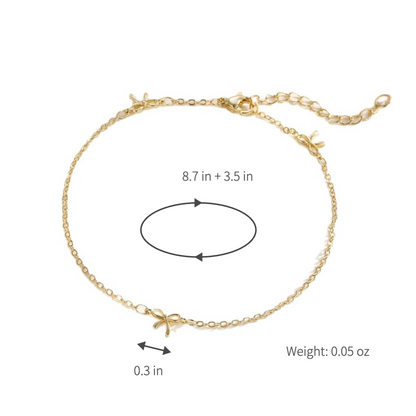 Gold-Plated Brass Bow Anklet for Women, Dainty Adjustable Charm Ankle Bracelet, Coquette Summer Beach Foot Jewelry