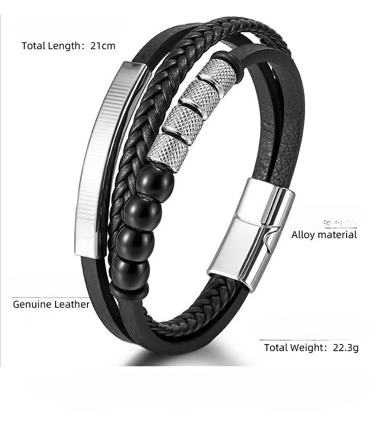 men’s buckle bracelet – multi-layer leather & natural stone beads with zinc-alloy magnetic clasp - star8s