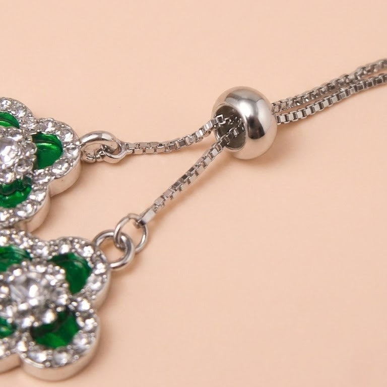 silver four leaf clover bracelet for women emerald green lucky clover charm bracelet sparkly crystal adjustable bolo slider bracelet premium dainty layering jewelry irish good luck gift for her anniversary birthday