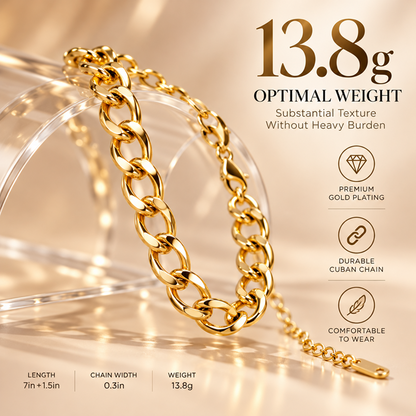 Gold-Plated Brass Cuban Link Bracelet with Adjustable Extender for Men and Women