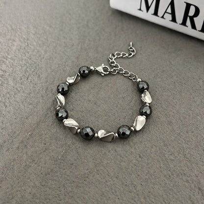 Black Hematite Beaded Bracelet for Men and Women, Geometric Faceted Round Beads with Polished Silver-Tone Twisted Accents, Lobster Clasp and Adjustable Extension Chain, Modern Minimalist Style for Everyday Streetwear, Watch Stacking and Casual Outfit