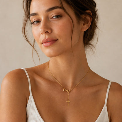 Stainless Steel Infinity Cross Necklace for Women Gold Tone Infinity Loop Cross Pendant Lariat Necklace Religious Faith Christian Jewelry Elegant Y Necklace Gift for Her