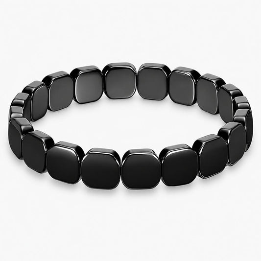 Black Hematite Beaded Bracelet for Men, Polished Rounded Square Stone Beads with Dark Metallic Shine, Geometric Minimalist Wrist Jewelry, Vintage Style for Everyday Casual Outfits, Office Wear and Watch Stacking, Birthday and Holiday Gift Idea for Hi