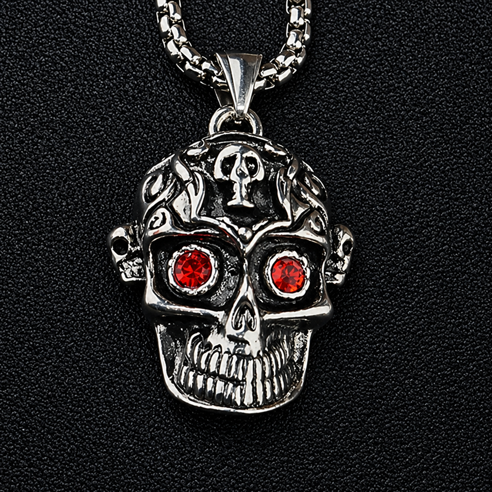 men's punk skull pendant necklace with red rhinestone eyes stainless steel box chain hip hop streetwear gothic biker skull jewelry heavy duty stainless steel pendant for men