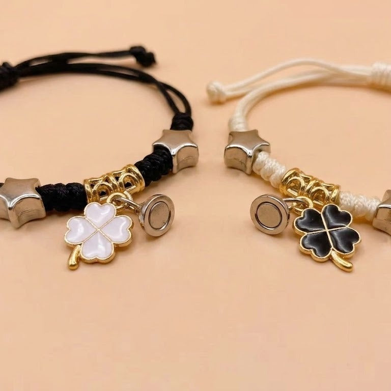 magnetic couples bracelets matching four leaf clover friendship bracelets mutual attraction braided rope cord bracelet set for boyfriend girlfriend long distance relationship jewelry gift black white 2pcs