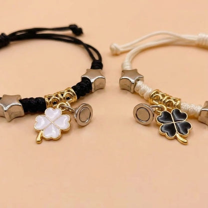 Magnetic Couples Bracelets Matching Four Leaf Clover Friendship Bracelets Mutual Attraction Braided Rope Cord Bracelet Set for Boyfriend Girlfriend Long Distance Relationship Jewelry Gift Black White 2Pcs