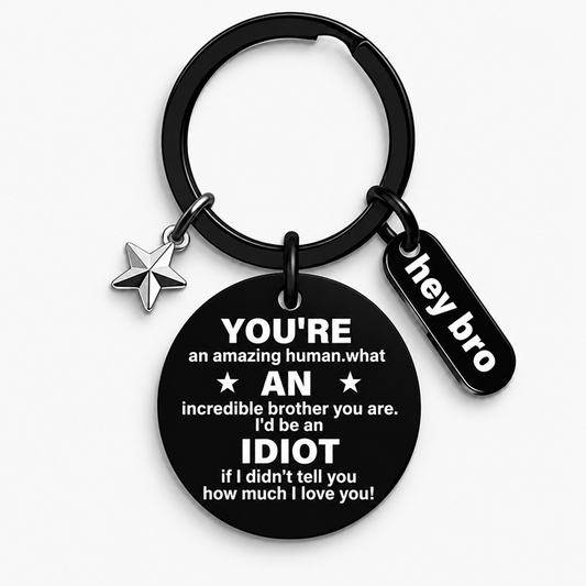 Funny Brother Stainless Steel Keychain with Message Disc, Hey Bro Tag and Star Charm