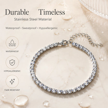 Sparkling Square Rhinestone Tennis Bracelet for Women Stainless Steel Silver Tone Cubic Zirconia Style Adjustable Claw Link Chain Bracelet Jewelry Gift