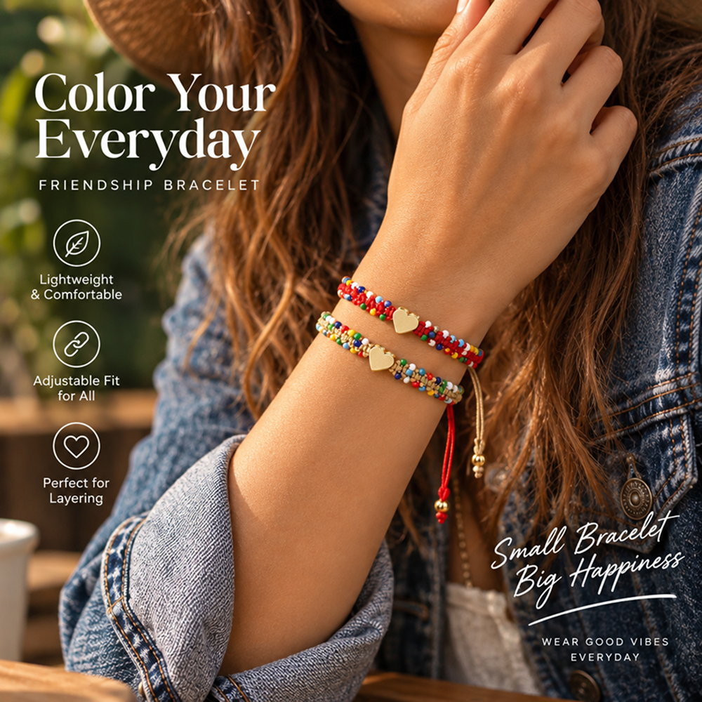 handwoven beaded heart bracelet for women, multicolor beads and gold-tone heart centerpiece, adjustable sliding knot cord closure, sweet boho style with decorative beaded edges and dangling cord ends, everyday jewelry for birthdays and friendship gif