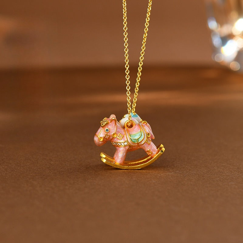 Chinese Zodiac Enamel Rocking Horse Necklace – Pink Macaron Style with High-Temperature Enamel and Gold Accents - STAR8S