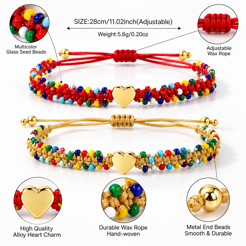 handwoven beaded heart bracelet for women, multicolor beads and gold-tone heart centerpiece, adjustable sliding knot cord closure, sweet boho style with decorative beaded edges and dangling cord ends, everyday jewelry for birthdays and friendship gif