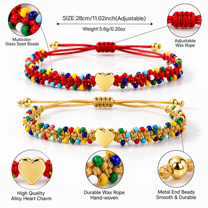 Handwoven Beaded Heart Bracelet for Women, Multicolor Beads and Gold-Tone Heart Centerpiece, Adjustable Sliding Knot Cord Closure, Sweet Boho Style with Decorative Beaded Edges and Dangling Cord Ends, Everyday Jewelry for Birthdays and Friendship Gif