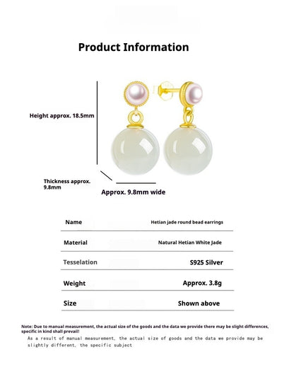 Elegant Hetian Jade & Pearl Stud Earrings | S925 Silver Inlay | Stylish and Simple Design